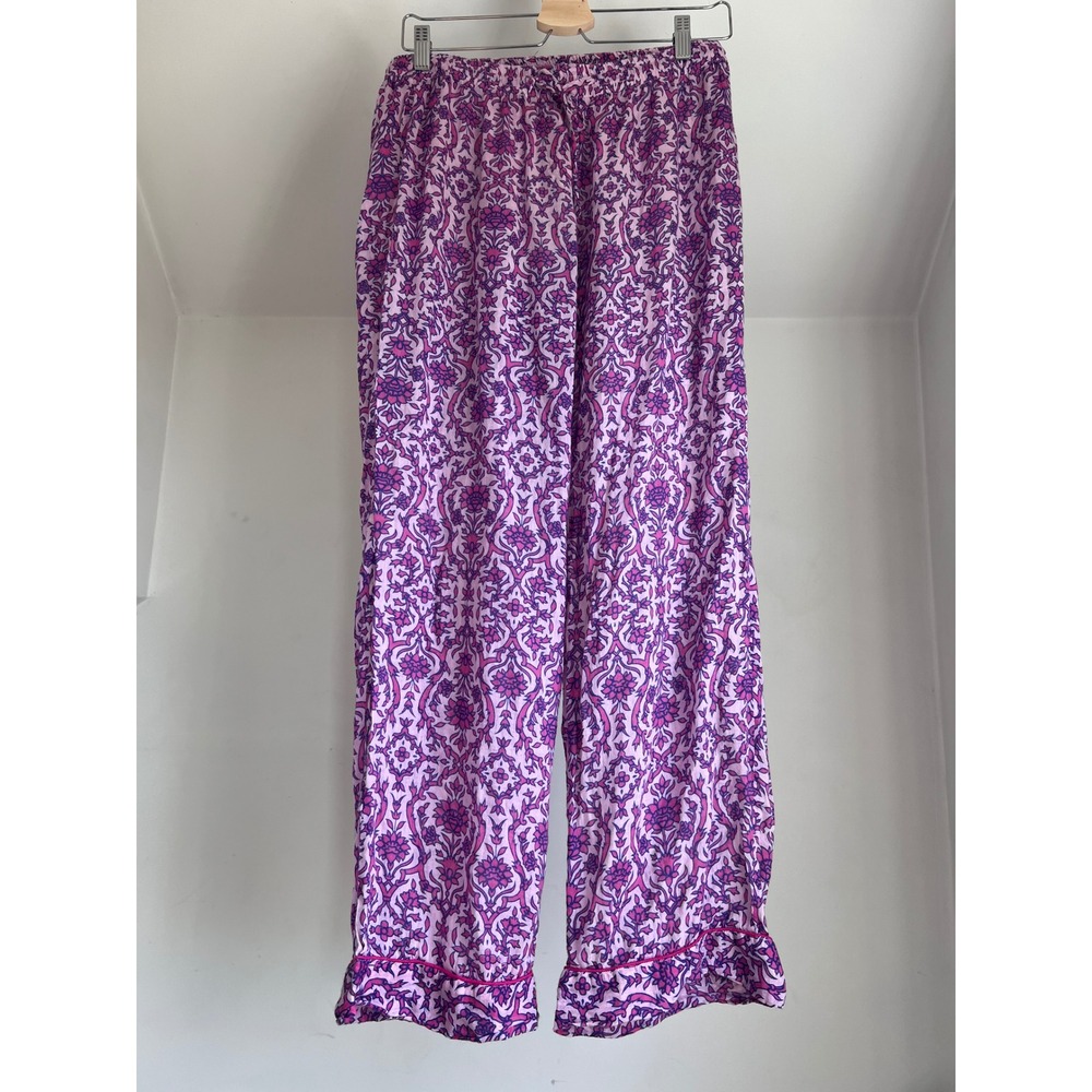 Banjanan Pajama Pants Small Pink Purple Cotton Block Print Floral Loungewear